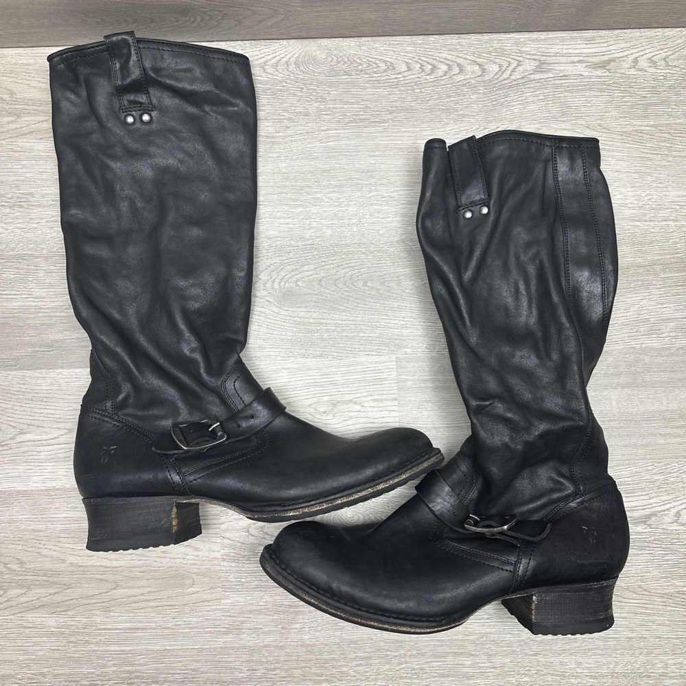 Frye Veronica Slouch Tall Boot Wmns 10B Black Leather Pull On Riding Moto Buckle